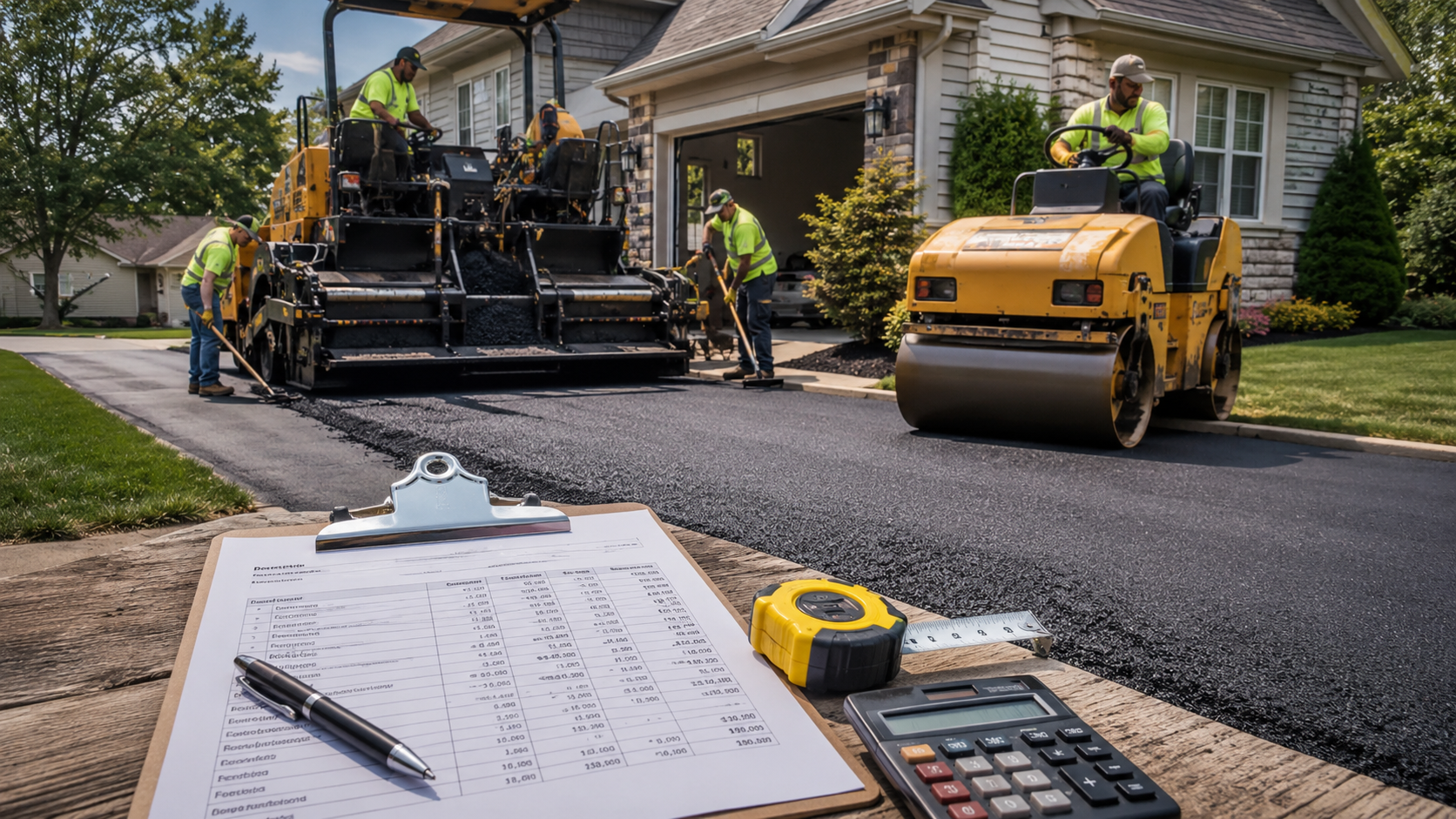 Asphalt paving experts are completing a pavement job at a home driveway. The clear pricing is out for display after an honest estimate.