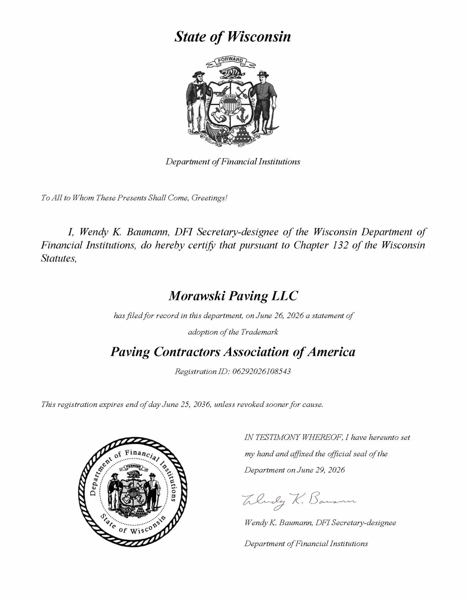 Wisconsin State Trade Mark - Paving Contractors Association of America