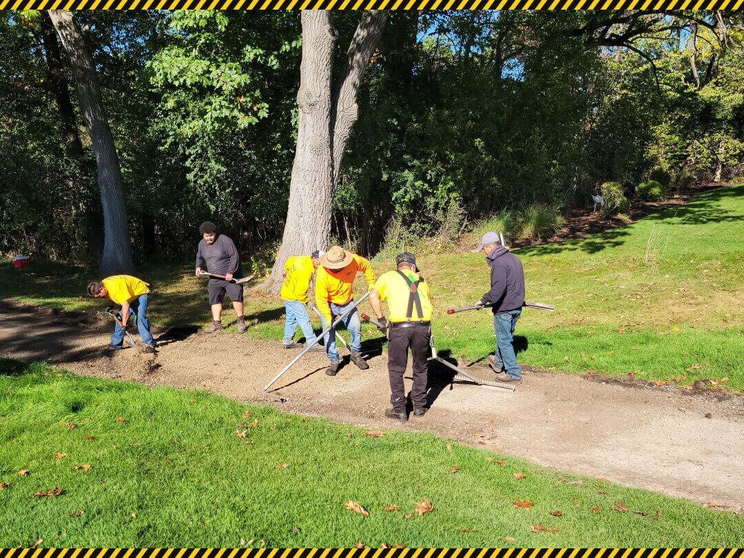 Workers in yellow vests repairing a path near trees in a park