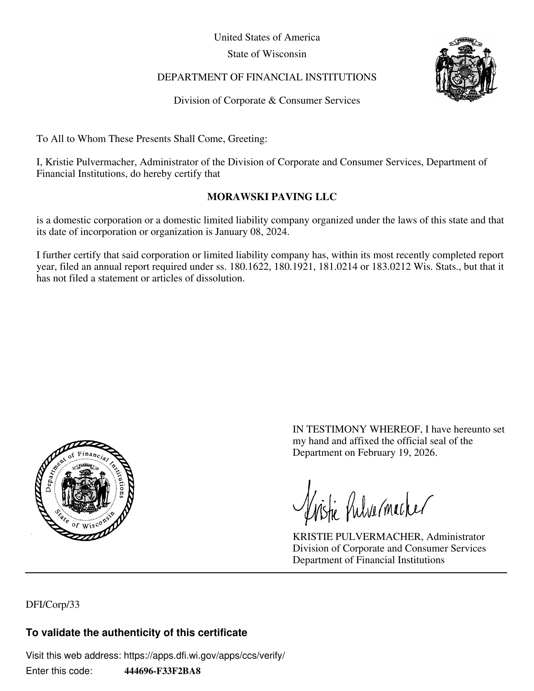 Wisconsin Department of Financial Institutions certificate confirming Morawski Paving LLC formation, January 2024
