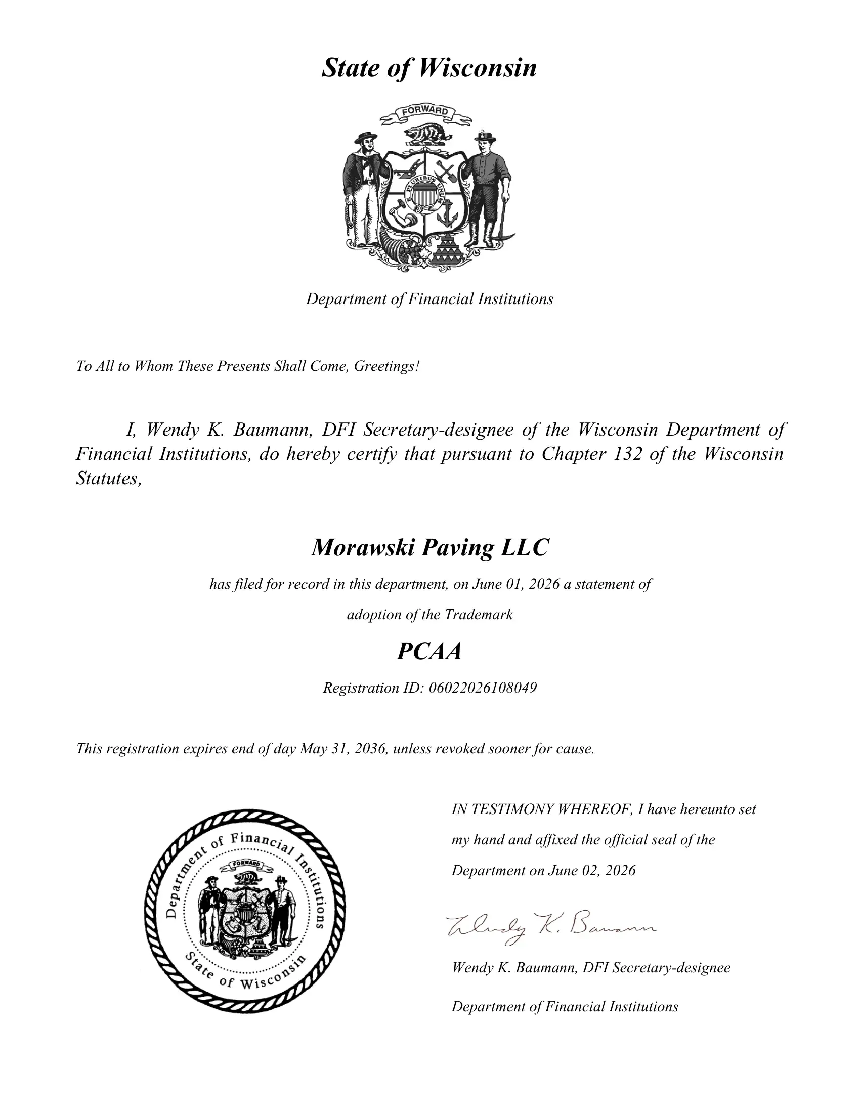 Wisconsin state trademark certificate for PCAA, Registration ID 06022026108049, registered June 2026, valid through 2036