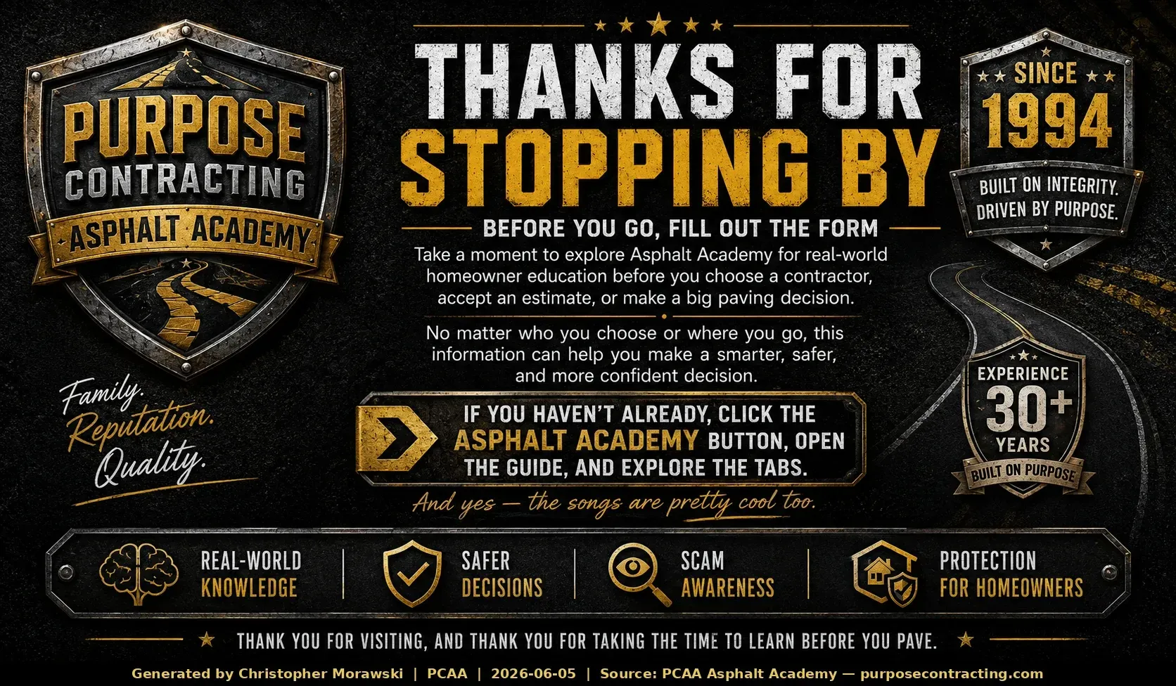 Purpose Contracting Asphalt Academy welcome banner — Wisconsin homeowner education on asphalt paving, contractor scams, and smarter driveway decisions, built on 30+ years of integrity since 1994.