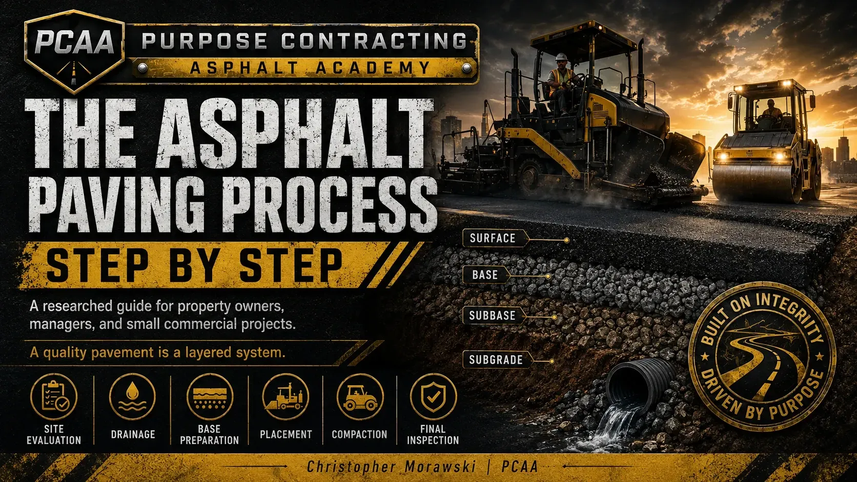 Step-by-step asphalt paving process for Waukesha and Brookfield projects, including site evaluation, drainage, aggregate base preparation, asphalt placement, compaction, and final inspection.