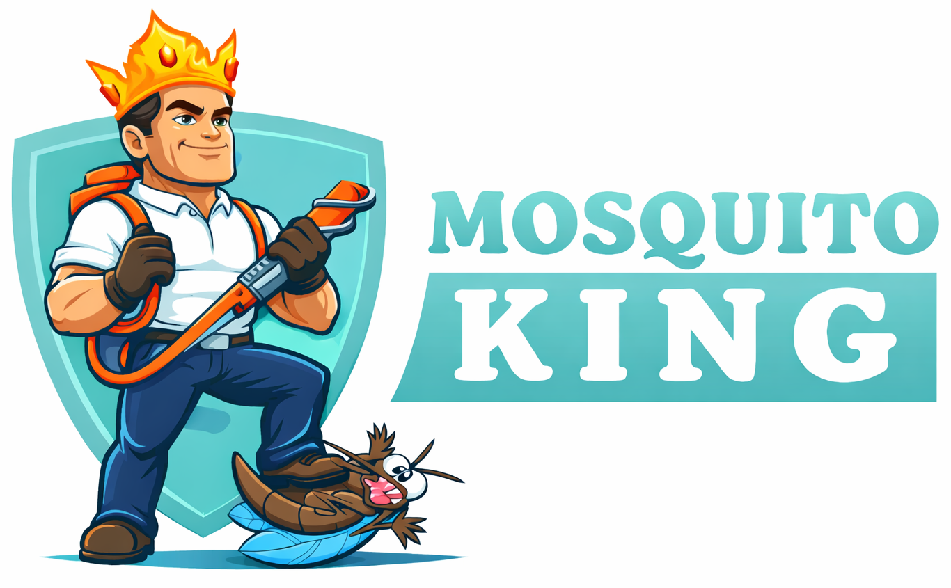 Logo featuring a crowned figure standing over a cartoon mosquito on a blue shield next to the text "MOSQUITO KING".