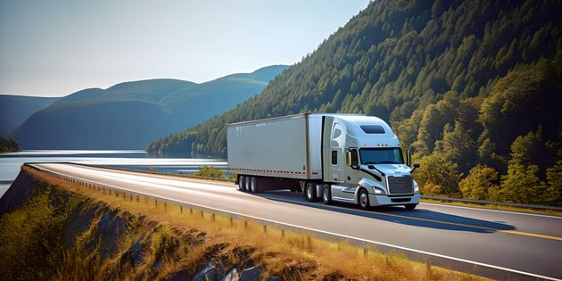 A semi truck is driving down a highway next to a lake.