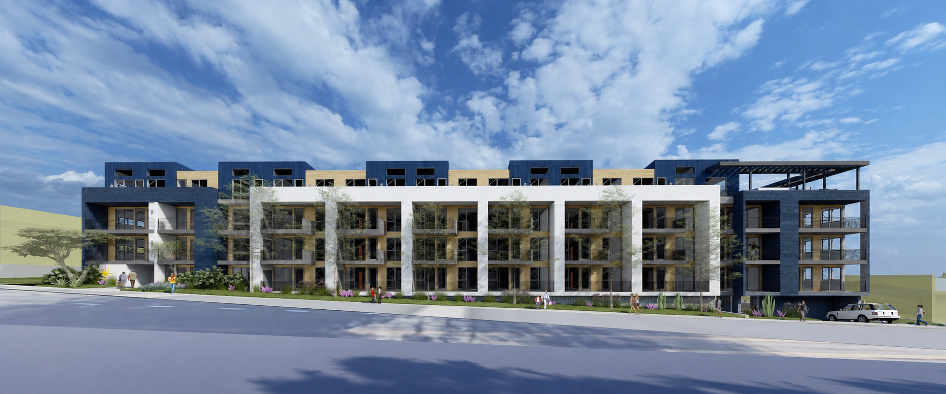 Rendering of a multi-story building with balconies and porches, seen from across the street