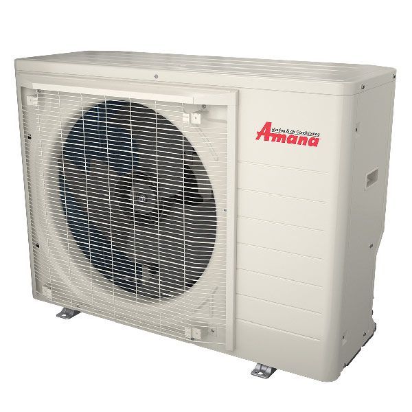 Prevett Heating and Cooling |A white amana air conditioner is sitting on a white surface.