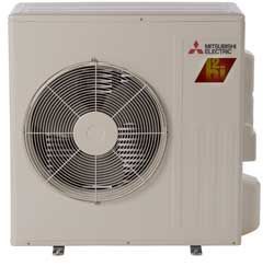 Prevett Heating and Cooling |A mitsubishi electric air conditioner with a fan on a white background.