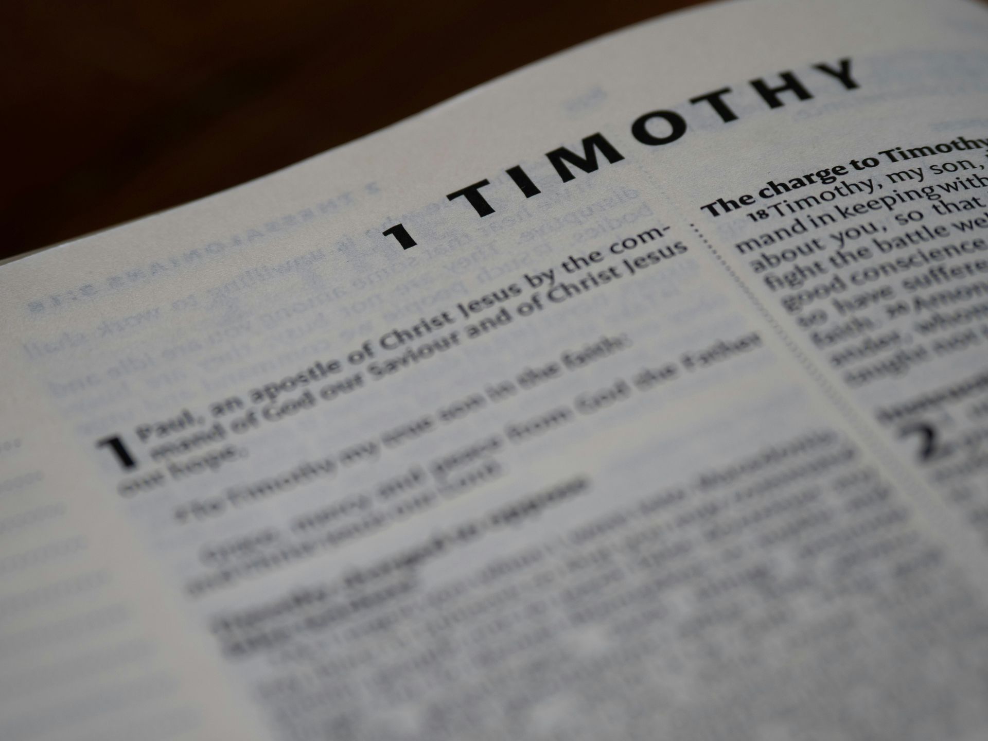 Photo of the book of 1 Timothy in the Bible. 