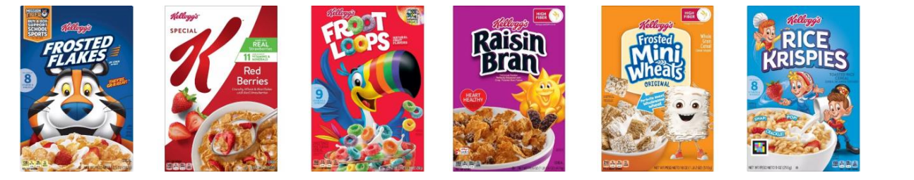 Six cereal boxes: Frosted Flakes, K, Froot Loops, Raisin Bran, Mini-Wheats, Rice Krispies.