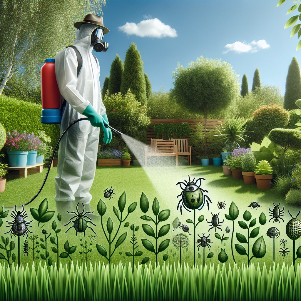 A man in a protective suit is spraying bugs in a garden