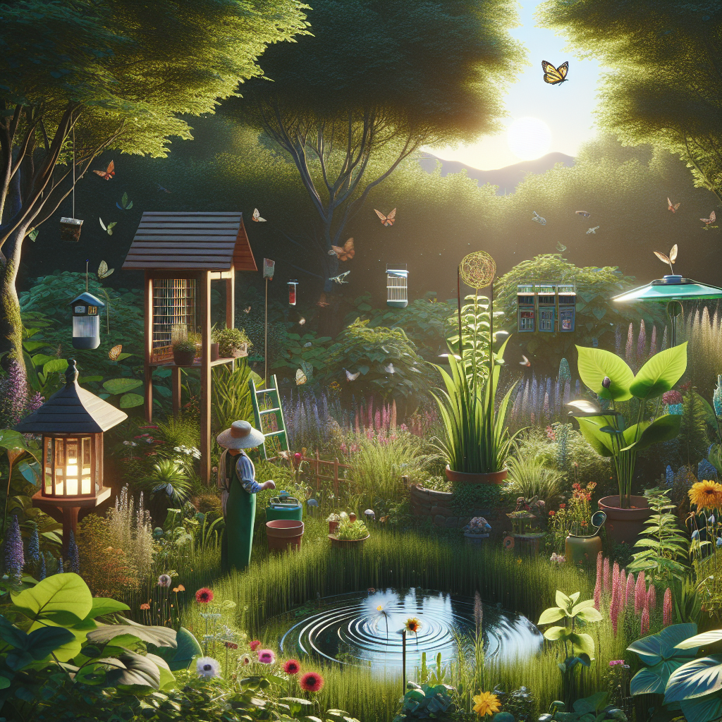 A painting of a garden with a pond and butterflies