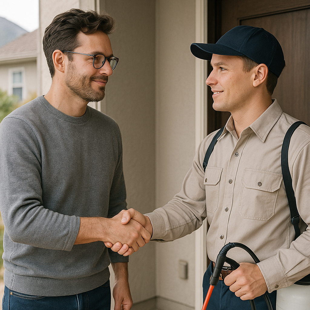 A man is shaking hands with a pest control worker.