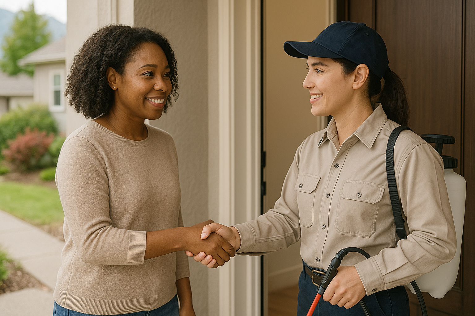 A woman is shaking hands with a pest control worker.