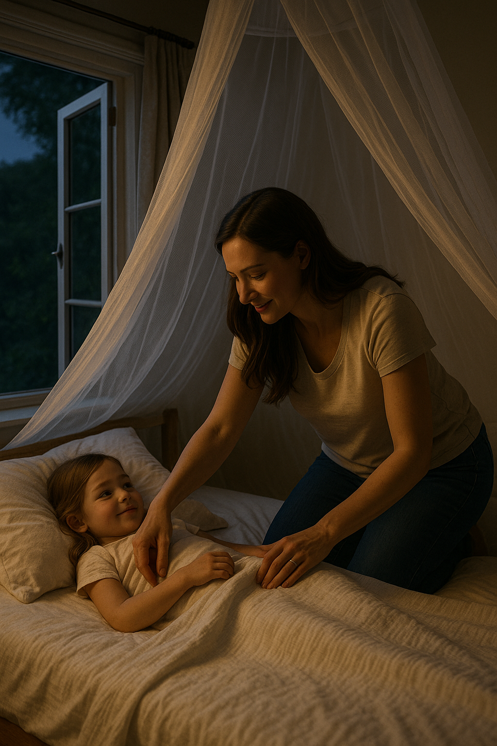A woman is putting a canopy over a little girl 's bed.