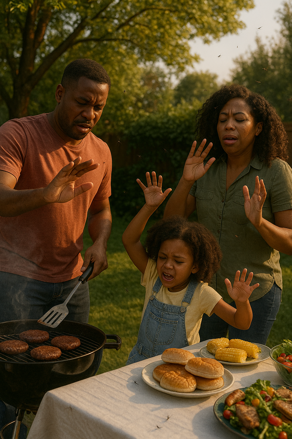 A family is having a barbecue in their backyard.
