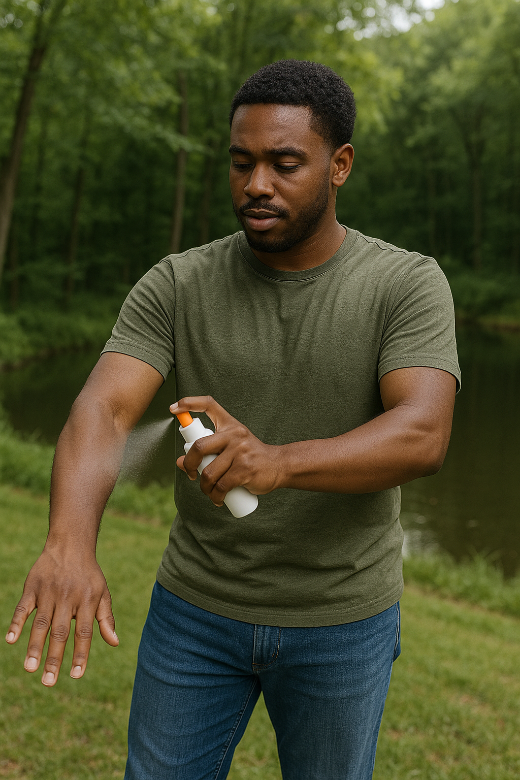 A man is spraying insect repellent on his arm.