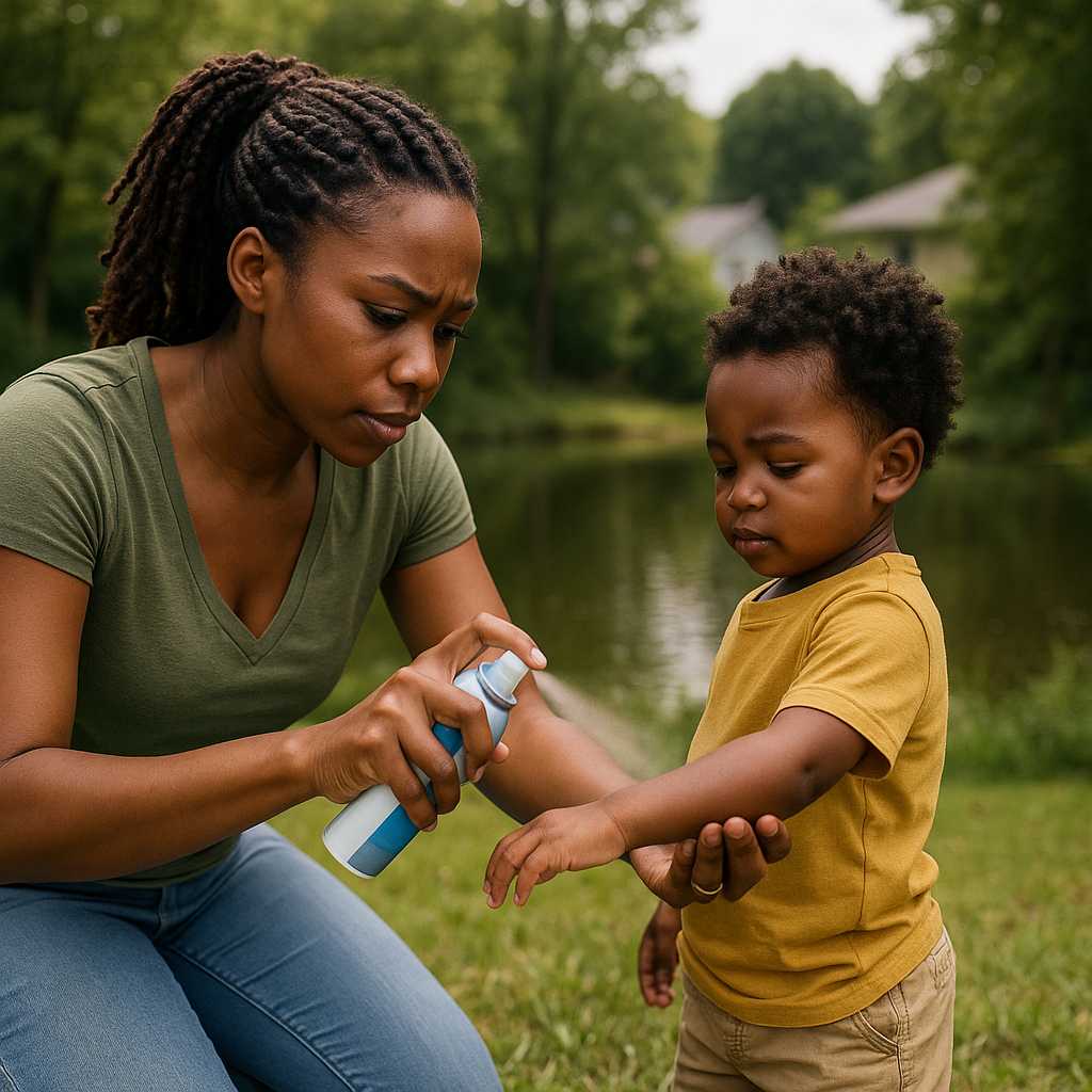A woman is spraying a child 's arm with a bug spray.