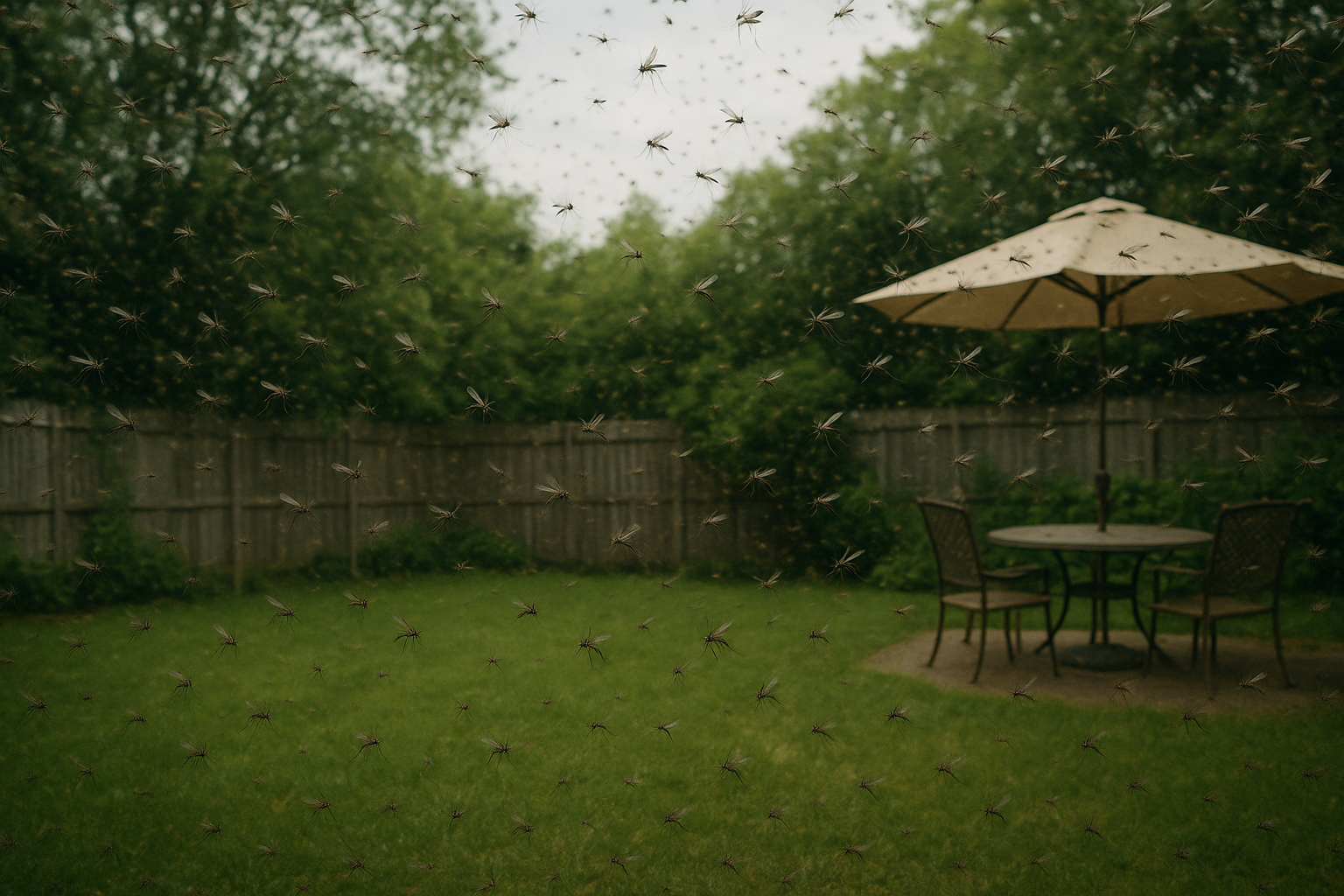 A table and chairs under an umbrella in a backyard