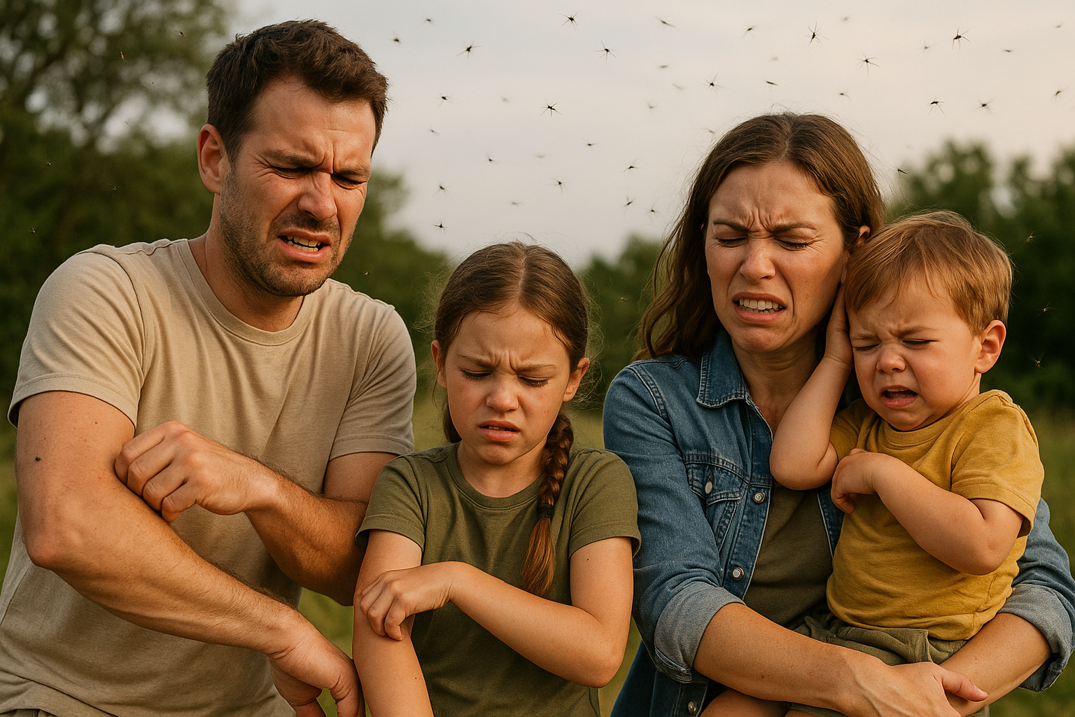A family is being bitten by mosquitoes in a field.