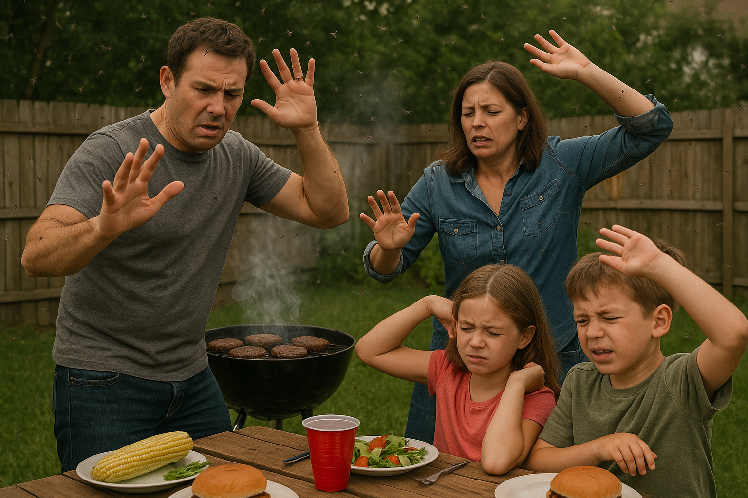 A family is sitting at a picnic table with hamburgers and corn on the cob.