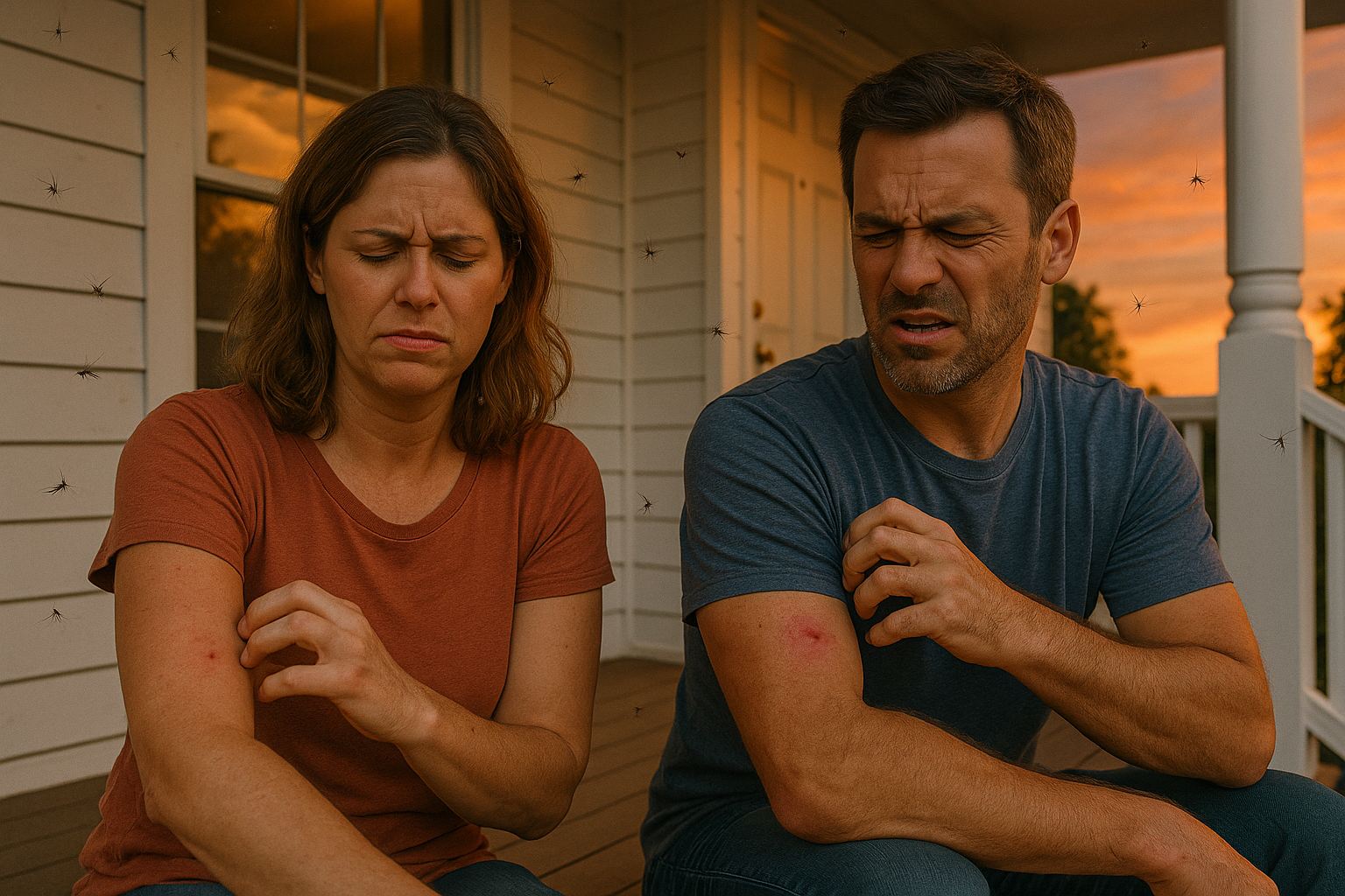A man and a woman are sitting on a porch scratching their arms.