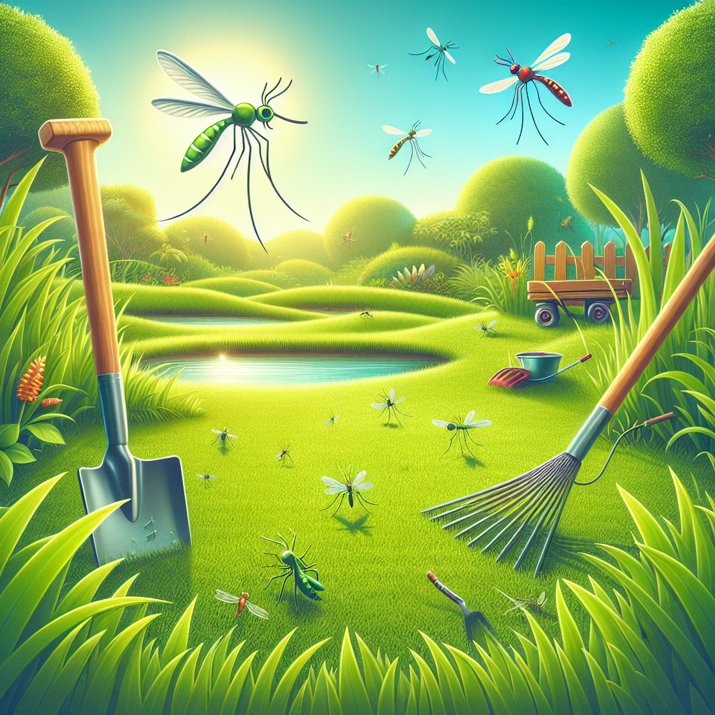 A mosquito is flying over a garden with a shovel and rake.