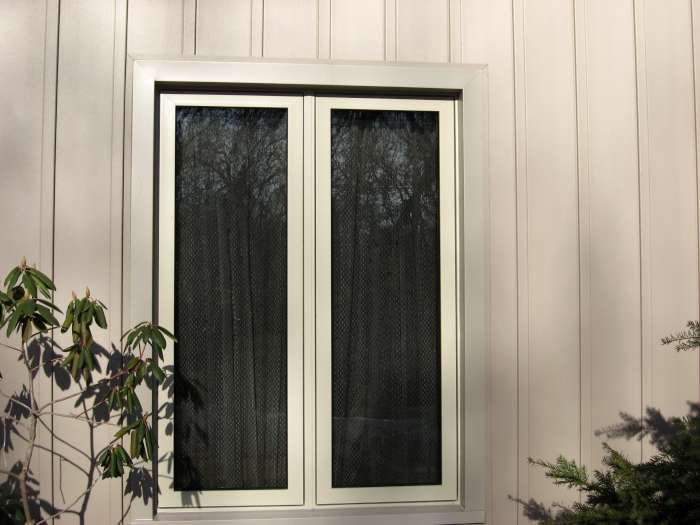 White double window with frosted glass set in a light paneled exterior wall, framed by greenery