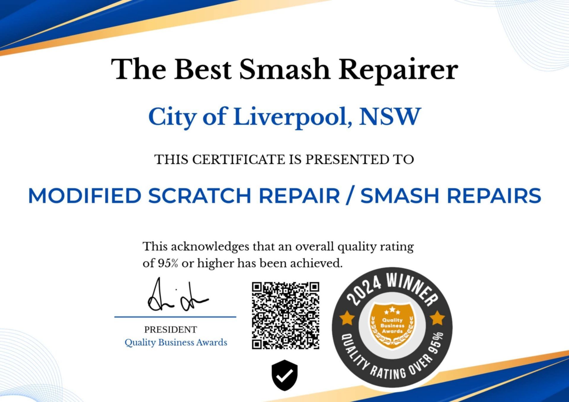 The best smash repairer city of liverpool nsw this certificate is presented to modified scratch repair / smash repairs