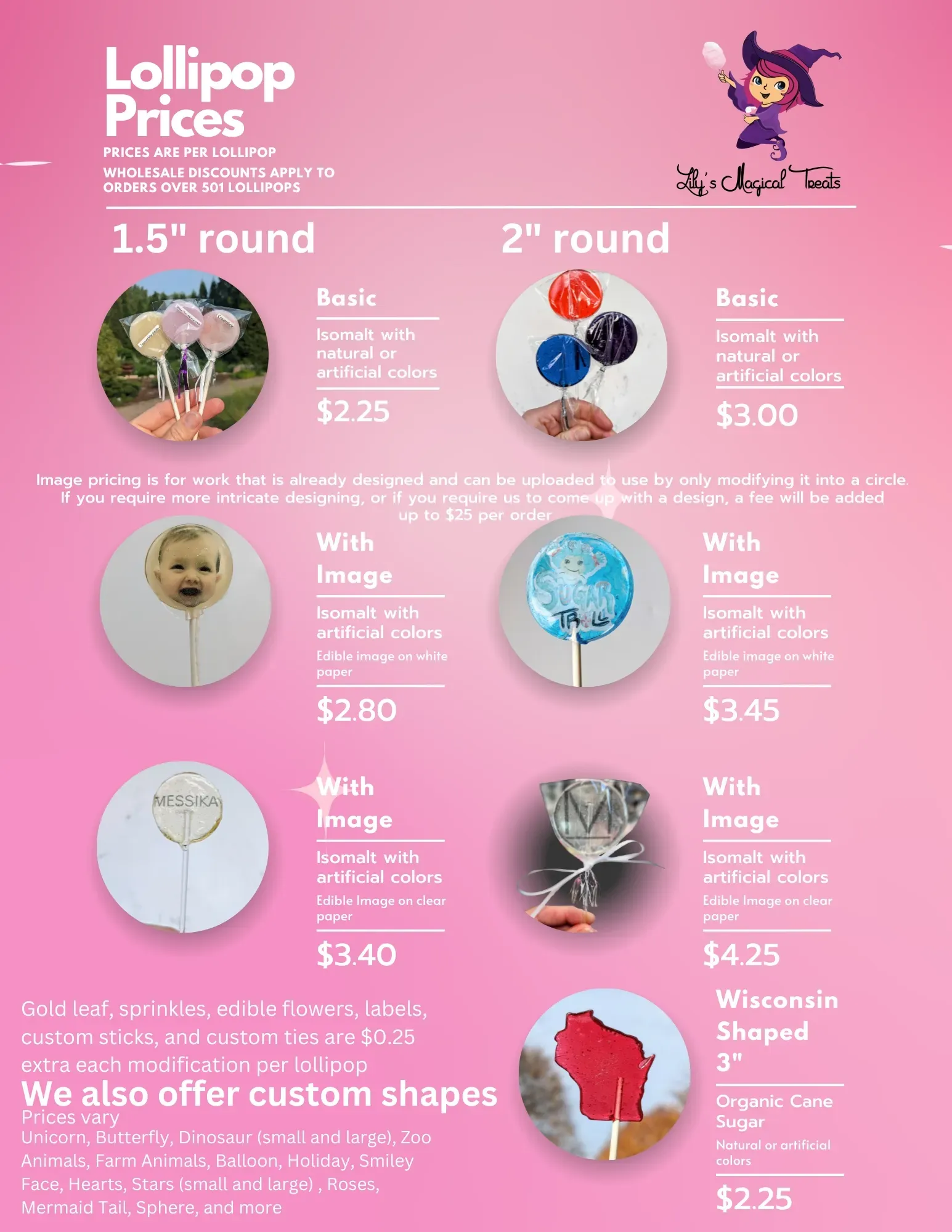A flyer for lollipop prices with different types of lollipops