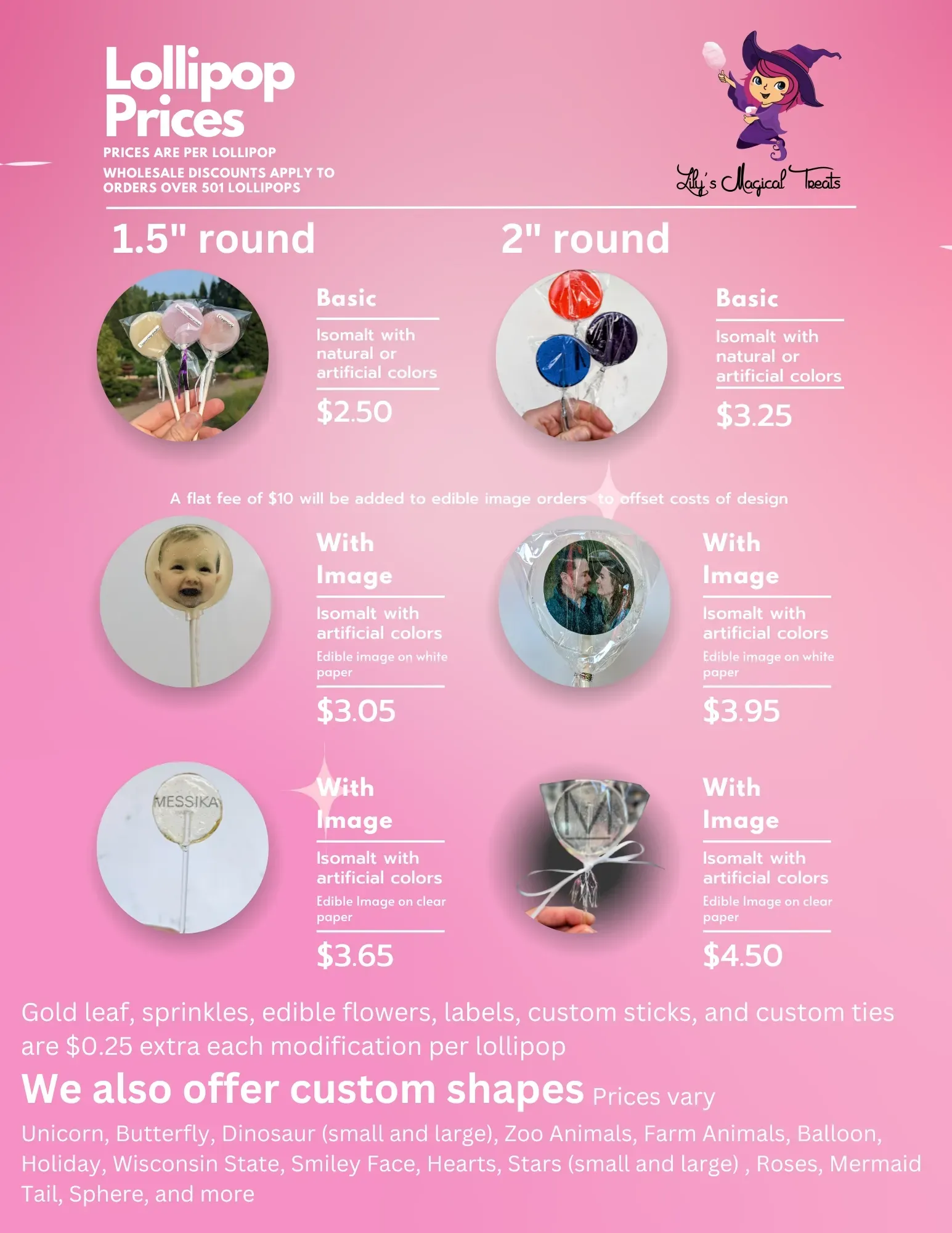 A pink poster with lollipop prices and a picture of a witch holding a lollipop.