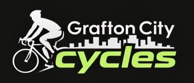 Bikes in Grafton Logo for Grafton City Cycles featuring a cyclist, city skyline, and green "cycles" text on a black background. — Grafton City Cycles in Grafton, NSW