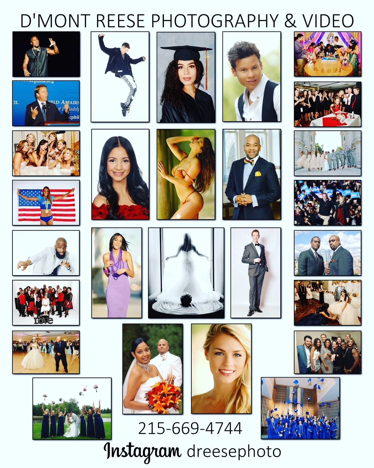 D'Mont Reese Photography & Video collage: portraits, events, weddings. Contact info & Instagram handle listed.