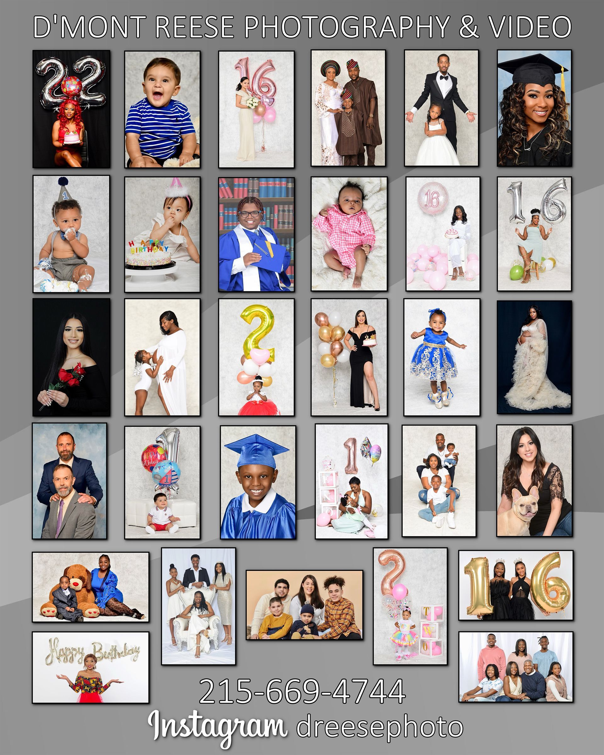 A collage of framed photos of people celebrating birthdays and special events.