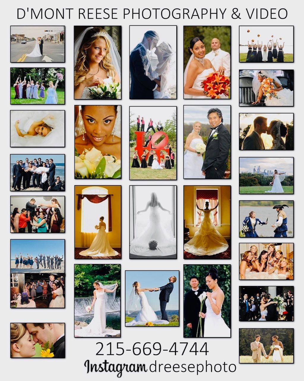 A collage featuring wedding photos. Couples embrace, pose, and share moments. Includes the photographer's contact info.