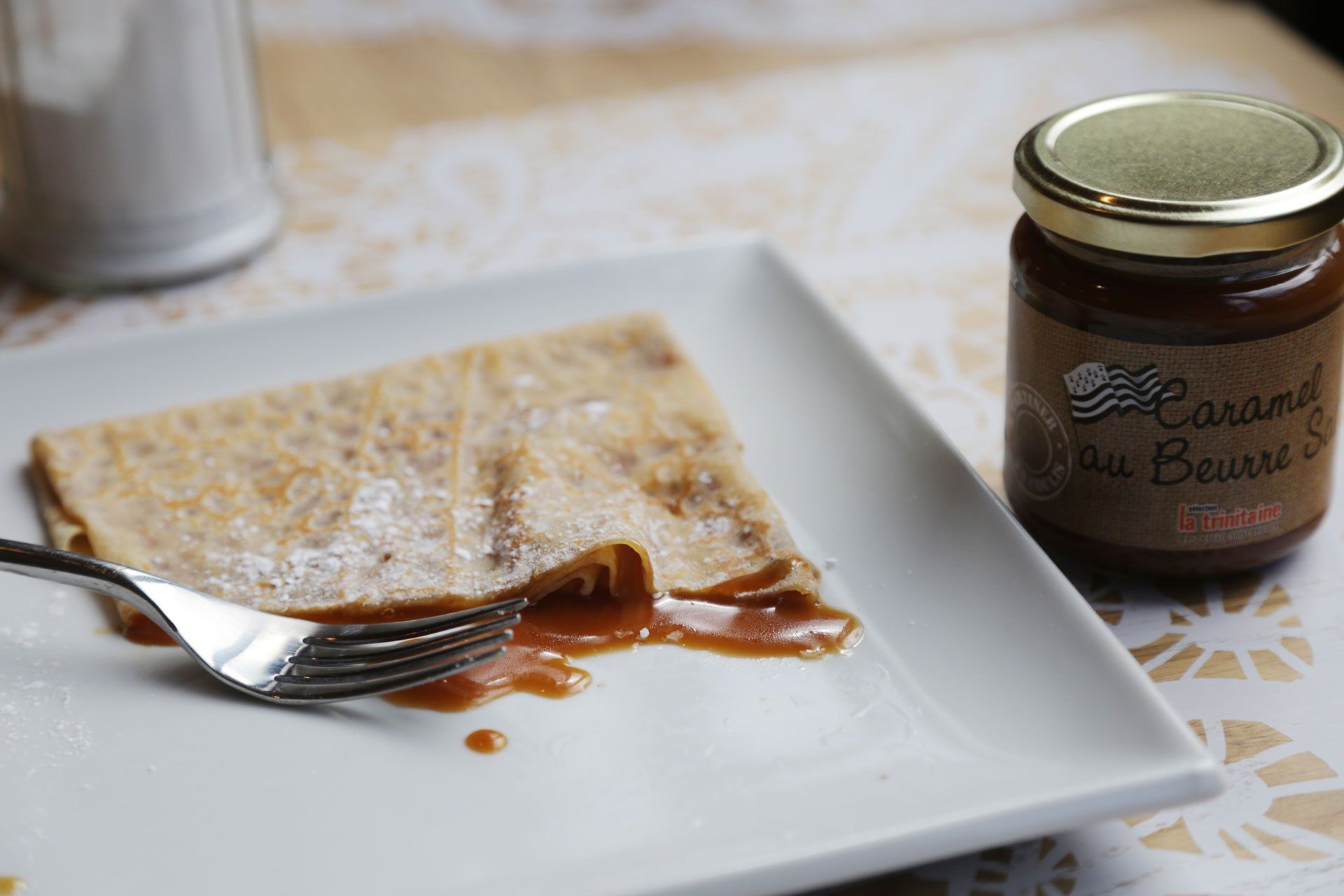 La Petite Bretagne, French Crepe, Pancake, Salted Caramel, good food, tasty, restaurant, hammersmith, crepe on a plate, desert, half eaten meal, square plate