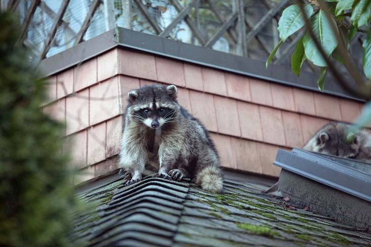 A raccoon stands on a mossy roof peak, with a second raccoon resting on the roof behind it.