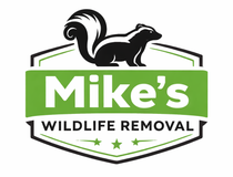 Logo for Mike's Wildlife Removal featuring a black skunk silhouette above text on a green and white shield.