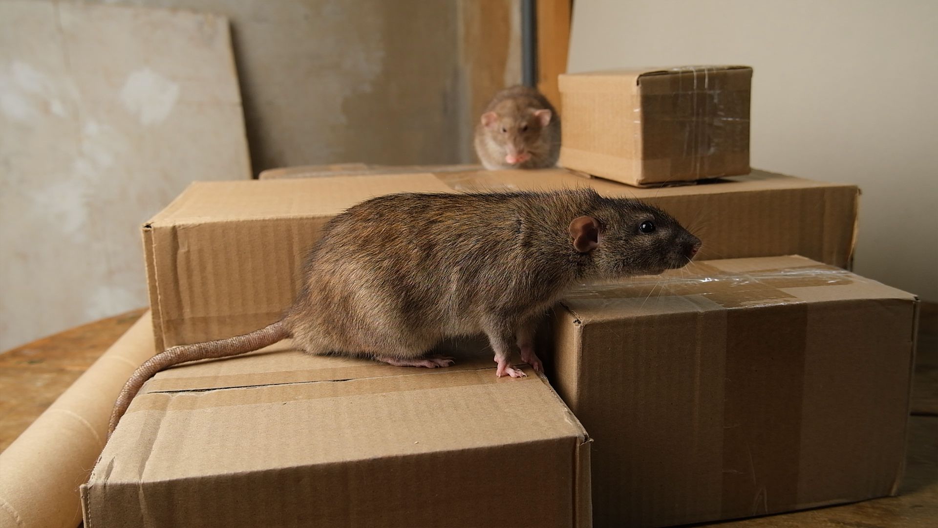 Two brown rats perched on stacked cardboard shipping boxes in a plain indoor setting.