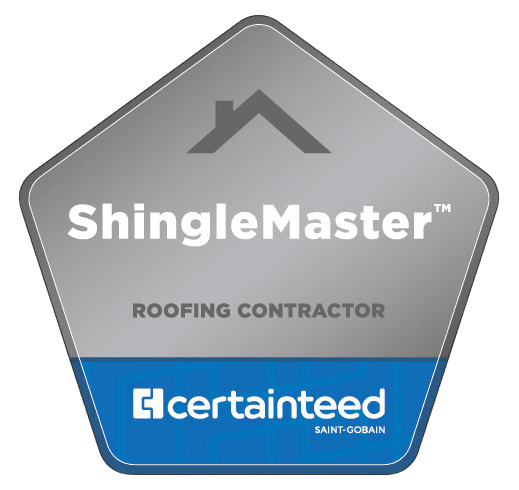 ShingleMaster Roofing Contractor badge from CertainTeed. Silver and blue, with a roof icon.