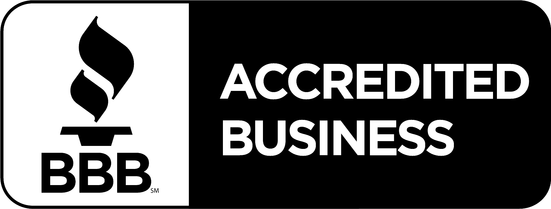 BBB Accredited Business logo, white text on black rectangle. Torch logo next to text.