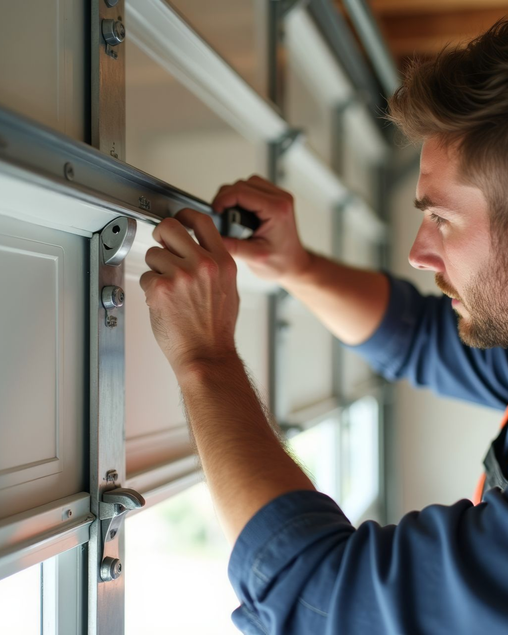 Man in safety vest, working on a white garage door, using a tool.
