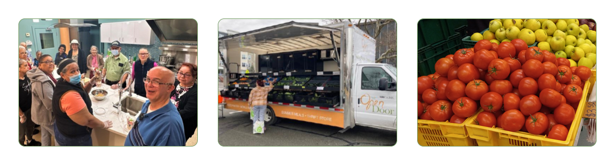 Three small photos of a produce market, a delivery truck, and piled tomatoes