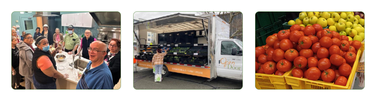 Three small photos of a produce market, a delivery truck, and piled tomatoes