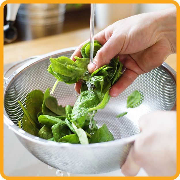 Person washing spinach in a colander under running water in a kitchen sink.