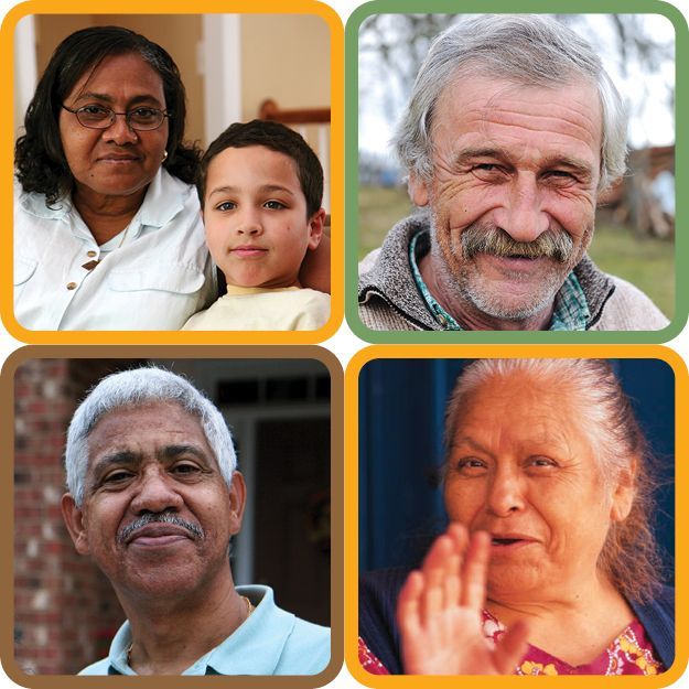 Four diverse elderly people, one with a child, smiling in square frames with varying backgrounds.