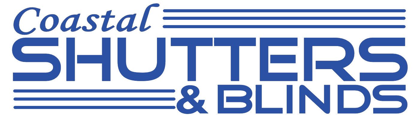 The logo for coastal shutters and blinds is blue and white.