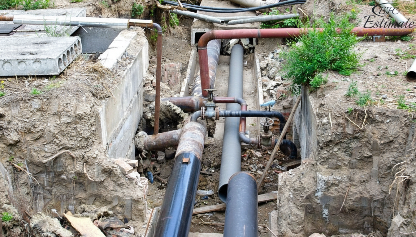 Pipes in an excavated trench, showing plumbing infrastructure. Brown and black pipes are exposed in dirt.