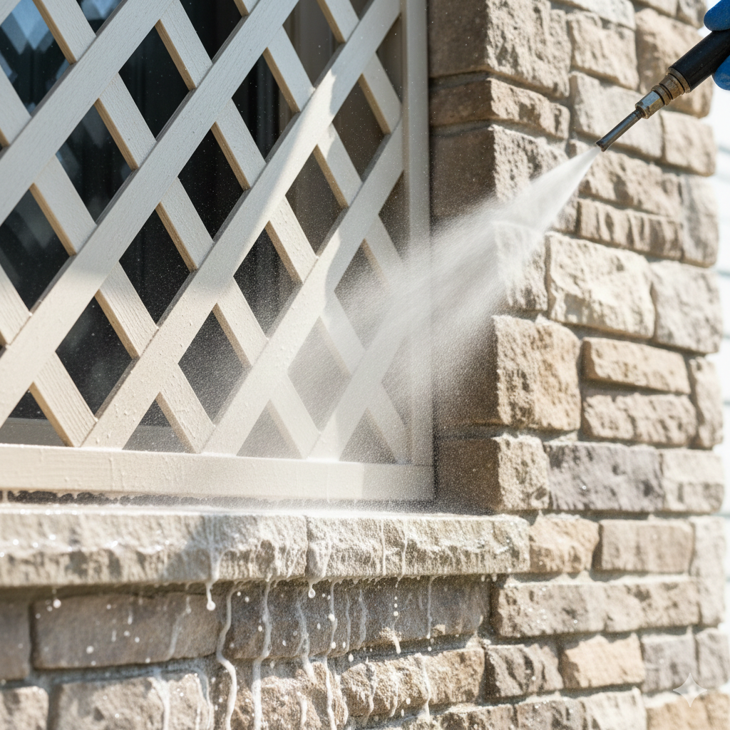 Power washing a stone brick wall with a white lattice, water spraying.