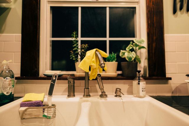 White kitchen sink with faucet, yellow sponge, and plants in front of a window at night.